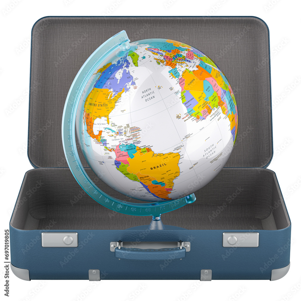 Poster world globe inside suitcase. travel concept, 3d rendering isolated on transparent background