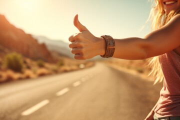 female hand with thumb up, hitchhiking on the background of the road