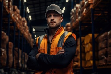 a male warehouse worker in a vest and cap stands against the background of a warehouse with boxes