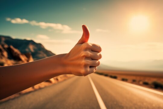 female hand with thumb up, hitchhiking on the background of the road