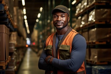a darkskinned male warehouse worker in a vest  and cap stands against the background of a warehouse with boxes