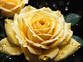 Rosa amarilla con gotas de agua, fotografía de alto contraste