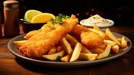 Delicious fish and chips arranged on a wooden table.