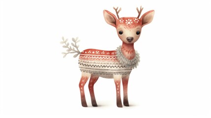 Cute deer watercolor illustration in Christmas style. Funny animal in clothes.