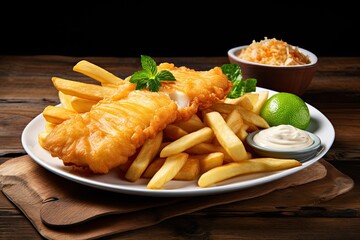 Delicious fish and chips arranged on a wooden table.