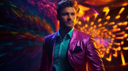 Young handsome model posing in a studio in a trendy neon light. Fashionable man in a stylish suit. Vibrant color. Bright colorful light effects. Disco style. Overlay. Gel filter. Supersaturated  - obrazy, fototapety, plakaty