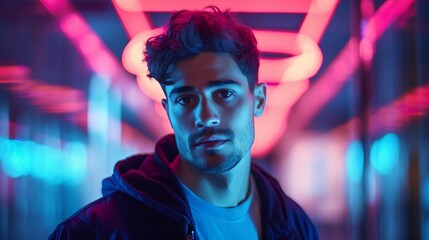Young hispanic man close to a neon light with blue and red lights