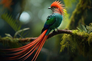 A Quetzal a brilliantly colored bird with long tail feathers in its lush and vibrant forest habitat