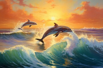: A group of playful dolphins leaping through the waves, their sleek bodies glistening in the sunlight