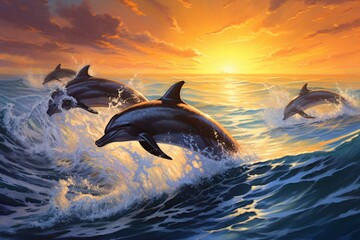 : A group of playful dolphins leaping gracefully in the sparkling waves of a sunlit ocean