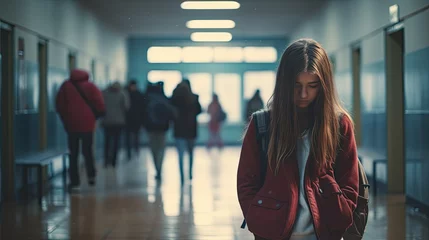 Fotobehang Depressed sad teenage girl in school © BrandwayArt