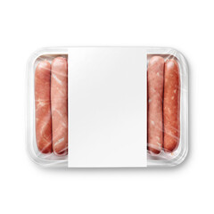 an image of a white plastic tray sausage with label isolated on a white background