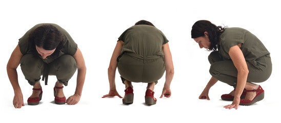 front,back and side view of  same woman squatting searching or staring at something on the floor on...