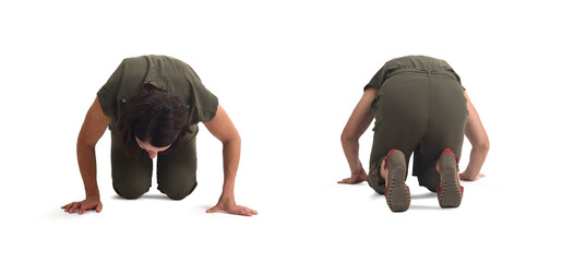 front, back view of a group of same woman on her knees searching or staring at something on the floor on white background - obrazy, fototapety, plakaty