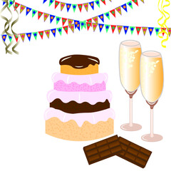 there is a cake, two glasses of champagne, chocolate