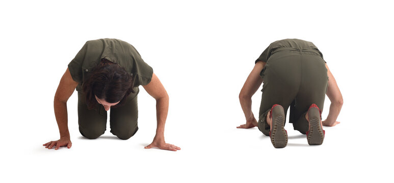 front, back view of a group of same woman on her knees searching or staring at something on the floor on white background