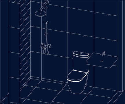 isometric bathroom and toilet design line drawing 3d illustration vector