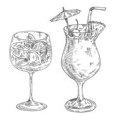 Cocktail gin tonic with slice lemon and mint leaves. Vintage engrave monochrome