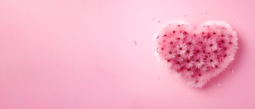 A heart made of fluffy flowers on a pink background