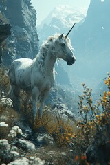 Unicorn on a rocky cliff with a mountain backdrop
