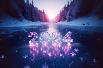 Romantic image of purple lights with 2024 year on a snowy landscape with forest and lake. Warm, hope and love for the new year.