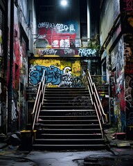 graffiti on a wall street with many stairs