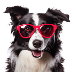 a border collie wearing heart shaped glasses against a white background