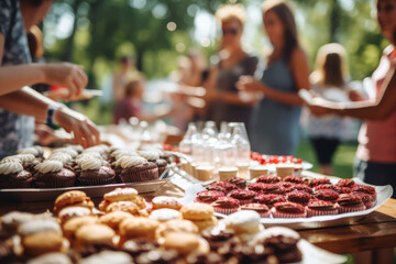 Community volunteers or office staff organizing fundraising event to support local charity or nonprofit organization. Closeup of table with homemade cupcakes and desserts for sale outdoors - Powered by Adobe