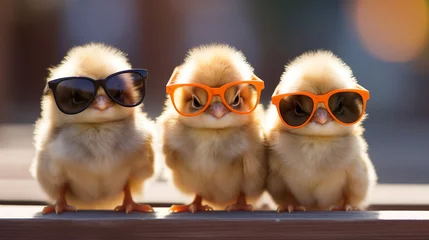 Fotobehang Cute spring baby chick wearing cool sunglasses.Generative AI © Anna