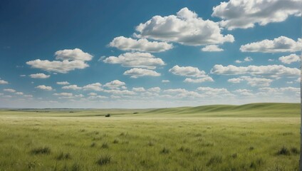 Obraz premium Expansive grassland under blue sky, dotted with fluffy clouds, showcases the serene beauty of the rolling prairie with a single tree accentuating the vastness of the open green landscape.