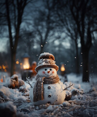 Very cute snowman with scarf and hat in winter forest