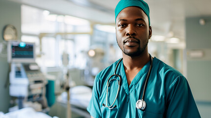 African-American male nurse in teal scrubs stands confidently in a well-equipped hospital room