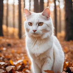 Naklejka na ściany i meble white cat in autumn forest