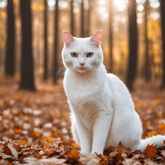 white cat in autumn forest