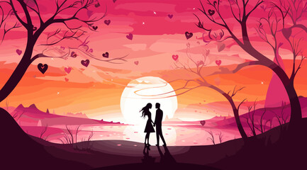 loving couple hugging at sunset with hearts. vector illustration