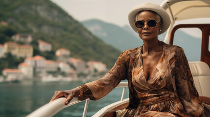 Fashionable black woman traveller in Kotor Bay, Montenegro - obrazy, fototapety, plakaty