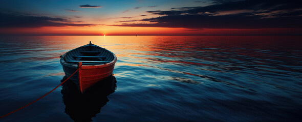 Calm Sea Embraces Lonely Boat in Evening Glow, banner, copyspace