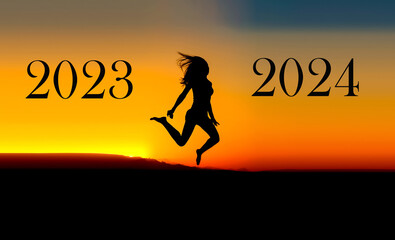 A woman jumps from 2023 to 2024 against the backdrop of sunset. New Year 2024