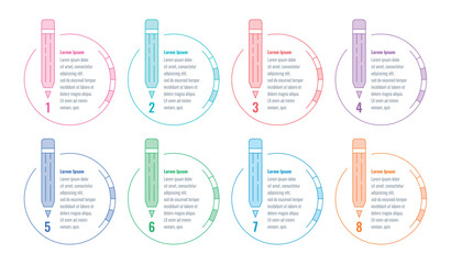 circle and pencil infographic template. eight option informational templates. education, web, internet, annual report infographic template - obrazy, fototapety, plakaty
