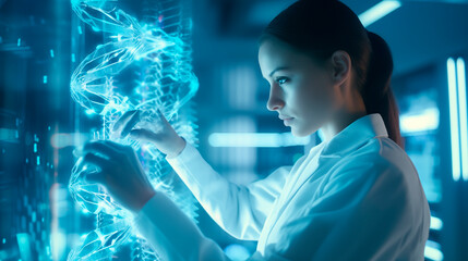 Scientific innovation meets genetics: professional woman scientist edits DNA in futuristic lab
