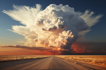 landscape with dramatic sky and huge cumulonimbus thundercloud on the horizon, nature background - obrazy, fototapety, plakaty
