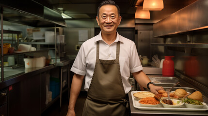 an Asian man prepares national food in the kitchen at a restaurant