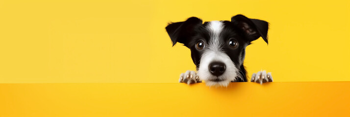 Banner. Cute Jack Russell Terrier puppy peeking from behind a yellow wall. Place for text. Mockup. Veterinary medicine. Generative AI - obrazy, fototapety, plakaty