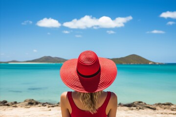 Relaxed woman with red hat, embracing tranquility on pristine beach during exotic vacation