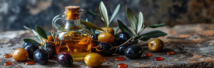 Panoramic still life of olive oil in a glass container surrounded by green and black olives and fresh tree branches on a textured dark surface, Concept: Mediterranean cooking and healthy eating