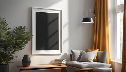 Living room interior mockup with photo frame for poster on the wall of the house. Modern interior design with finishing. 3D rendering,