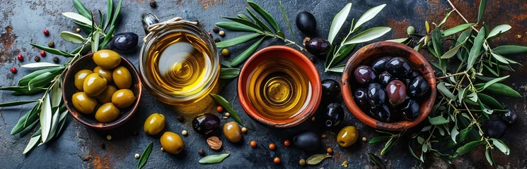 Foto op Plexiglas  Olive oil and colorful olives in wooden bowls with olive tree branches on a stone surface. Mediterranean products, still life, natural light. © Marynkka_muis