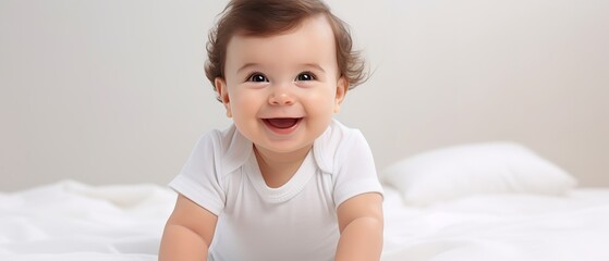 Fototapeta premium Joyful baby on a soft white bed reaches out with a tiny hand, smiling playfully against a neat, light backdrop, capturing a moment of innocent curiosity.