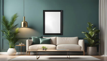 Living room interior mockup with photo frame for poster on the wall of the house. Modern interior design with finishing. 3D rendering,