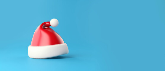 Minimalist Christmas or New Year banner with 3D rendered Santa Claus hat. On blue background with copy-space